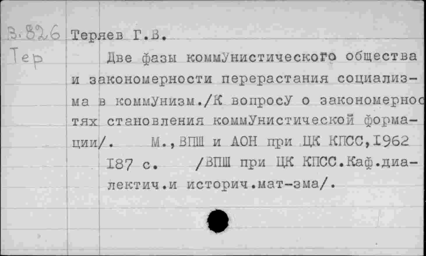 ﻿Теряев Г. В.
Тер . Две фазы коммунистического общества и закономерности перерастания социализма в коммунизм./К вопросу о закономерное тях становления коммунистической формации/. М.,ВПШ и ДОН при ЦК КПСС,1962 187 с. /ВПШ при ЦК КПСС.Каф.диа-лектич.и историч.мат-зма/.